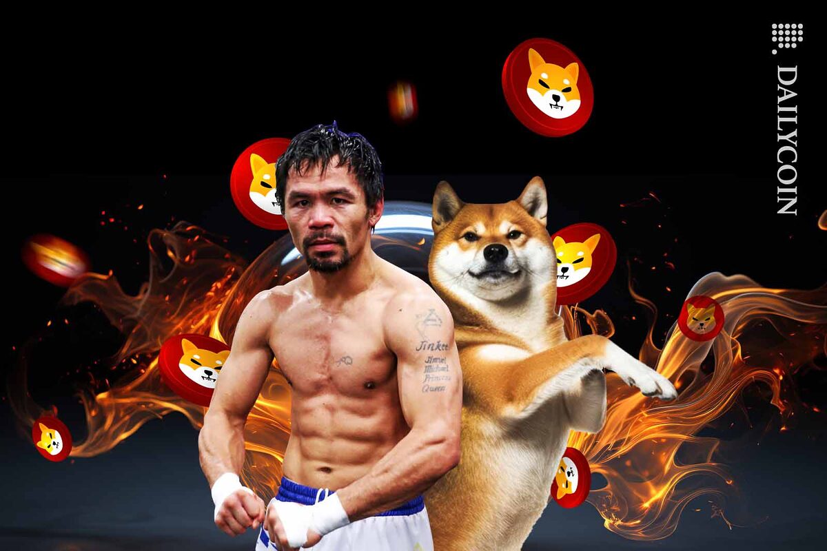 Manny Pacquiao posing with a Shiba Inu with SHIB coins flying around in the background.
