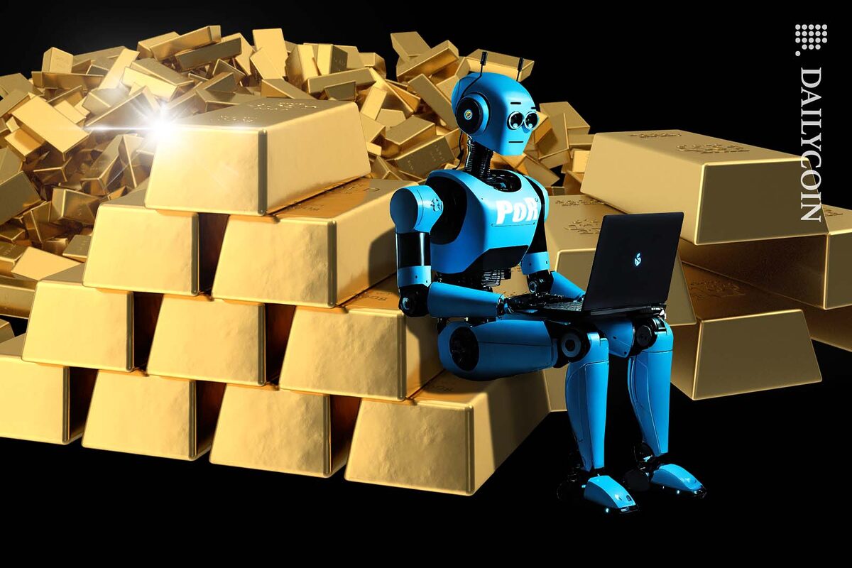 PoR audit robot sitting on a pile of gold bars working on its laptop.