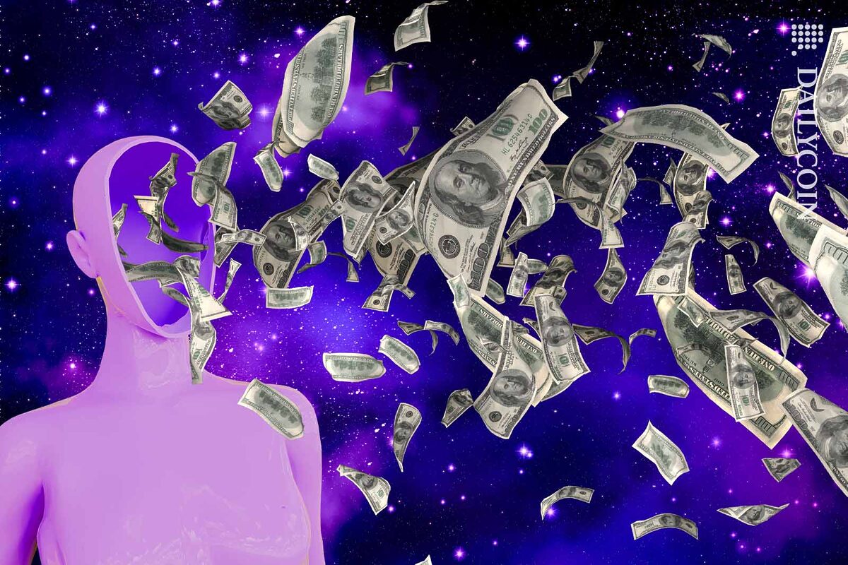 A purple plastic figure puking money into space.