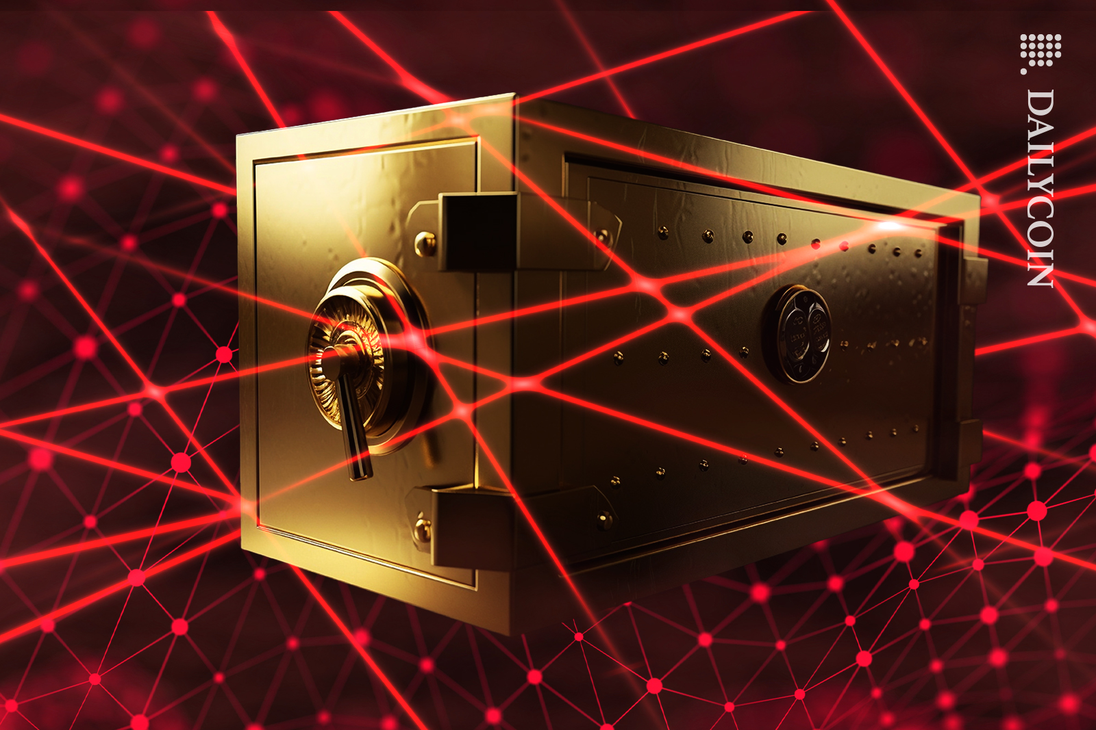 Gold digital safe protected within a network with lazers.