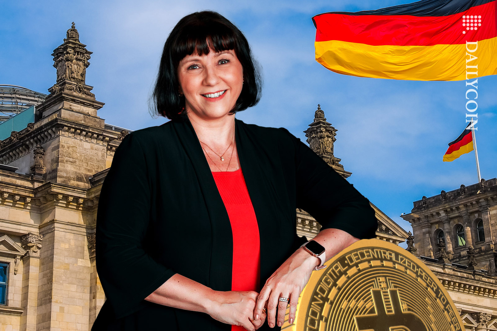 Joana Cotar standing happy leaning on Bitcoin outside of the Reichstag building.
