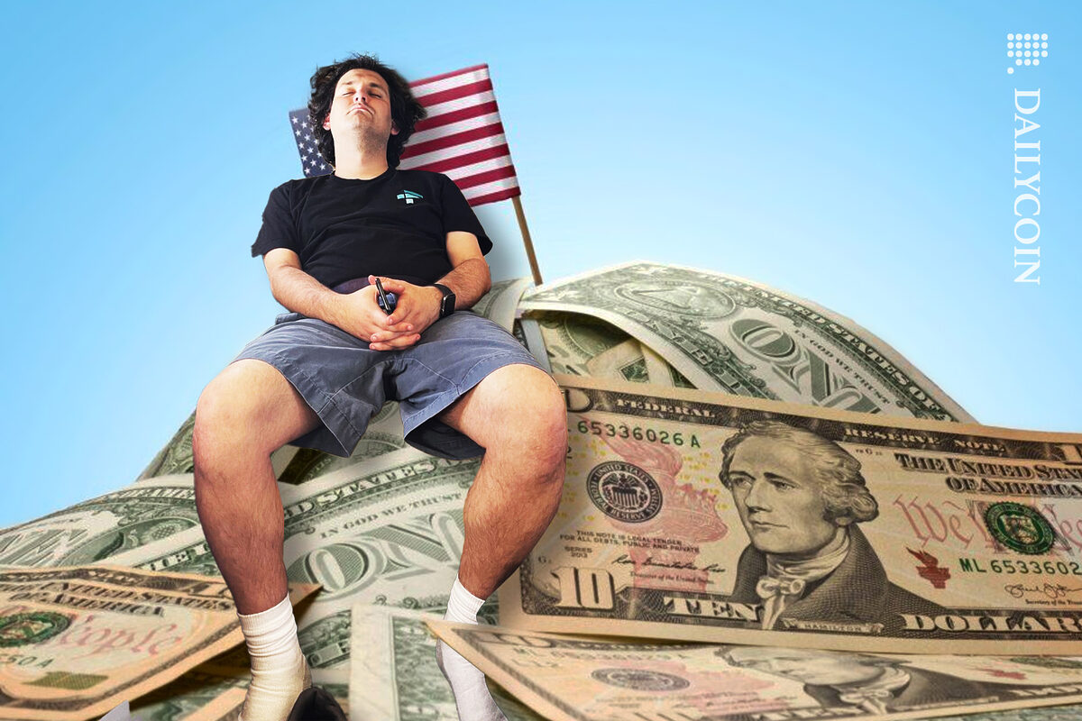 Sam Bankman resting on A pile of money for Polical Donations.