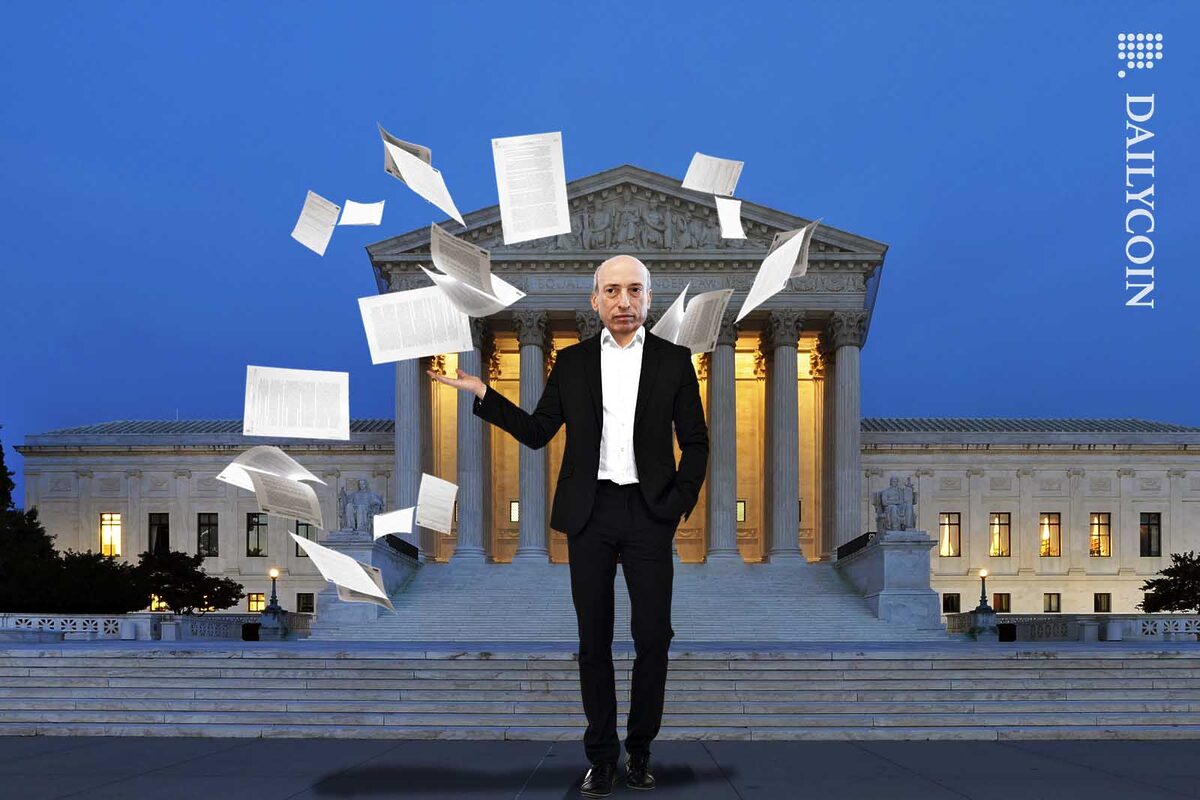 Gary Gensler infront of a court house in a cloud of documents.