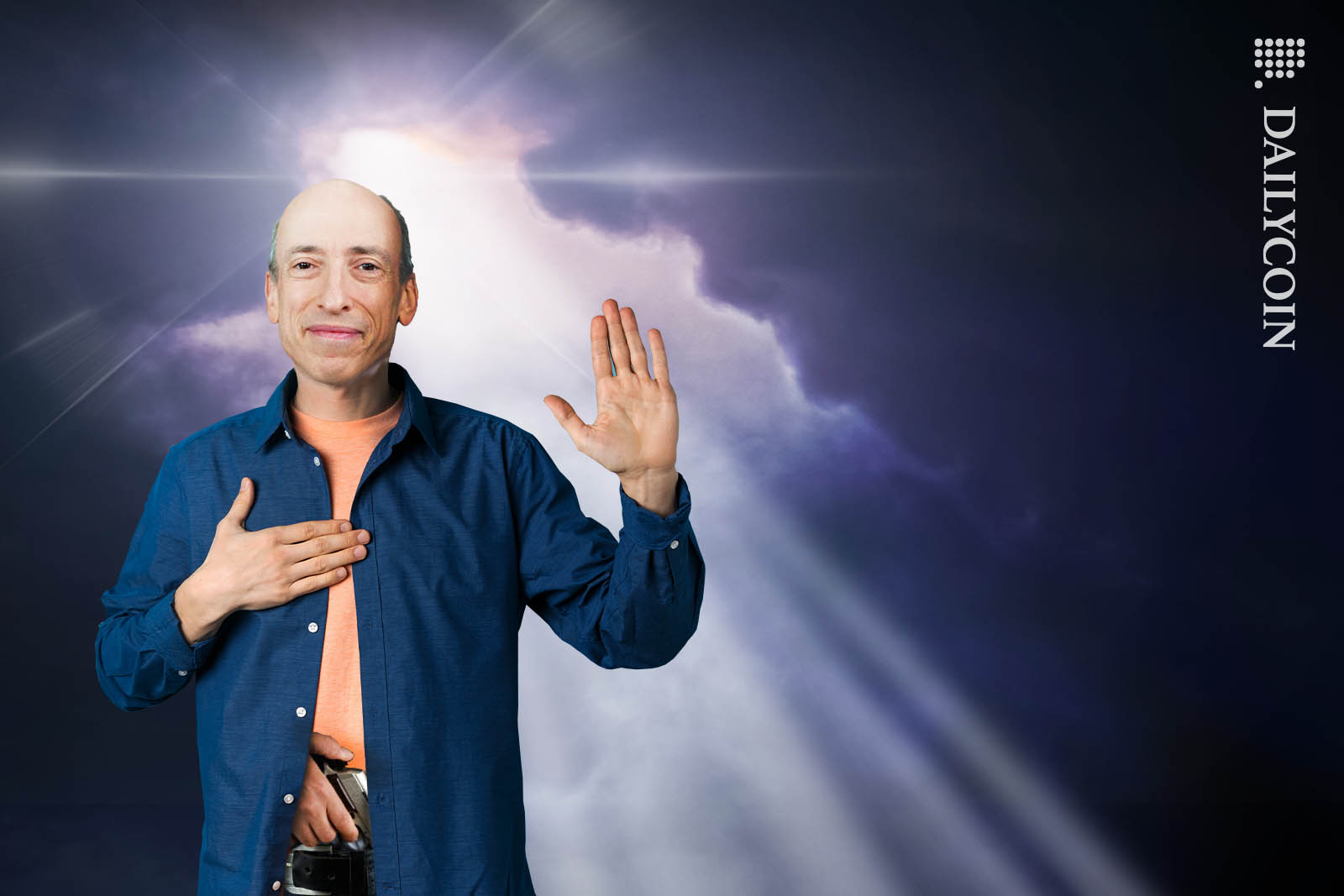 Gary Gensler with one hand raised and one on his heart, in angelic light.