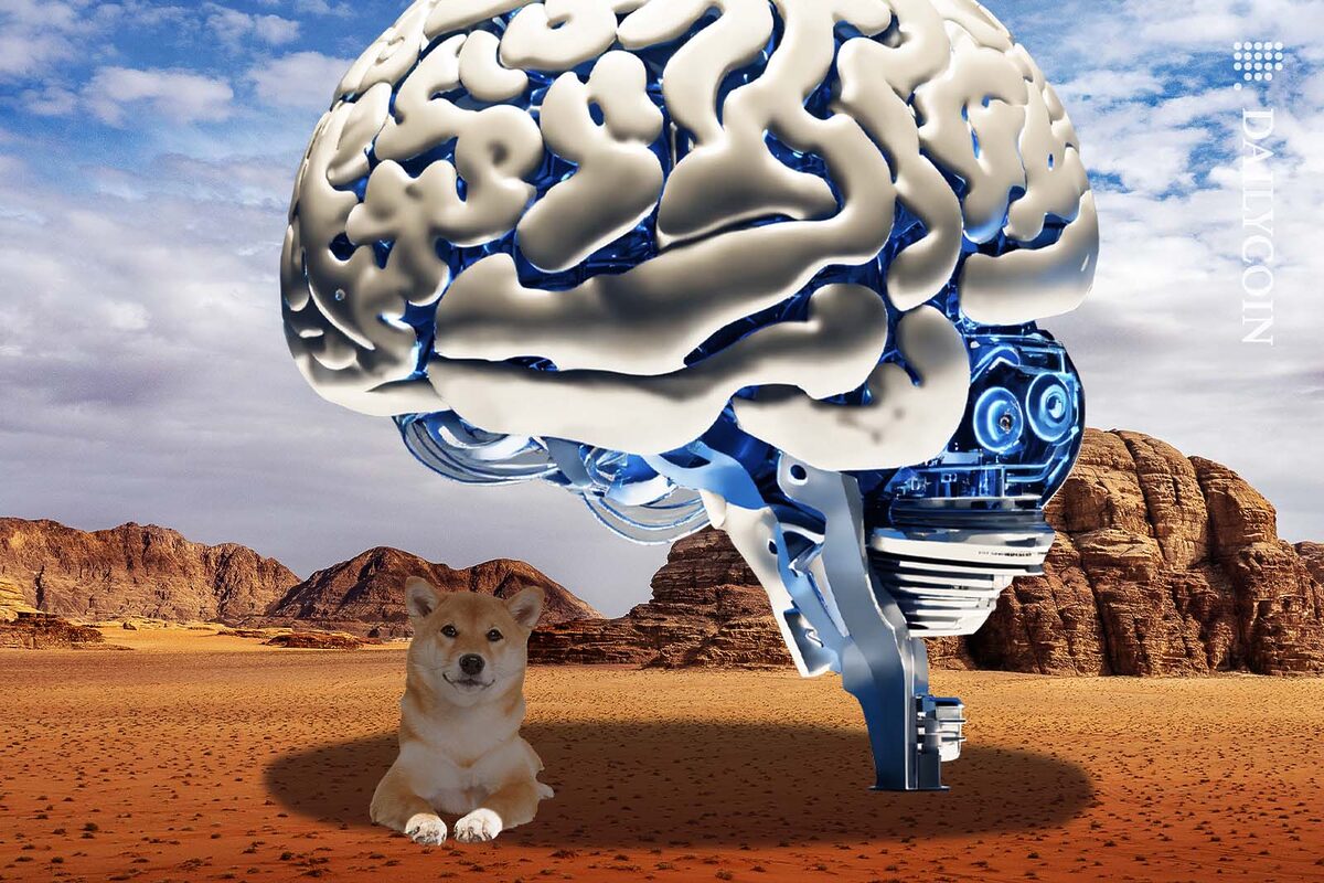 Shiba inu resting in the shadow of a giant artificial brain in a desert.