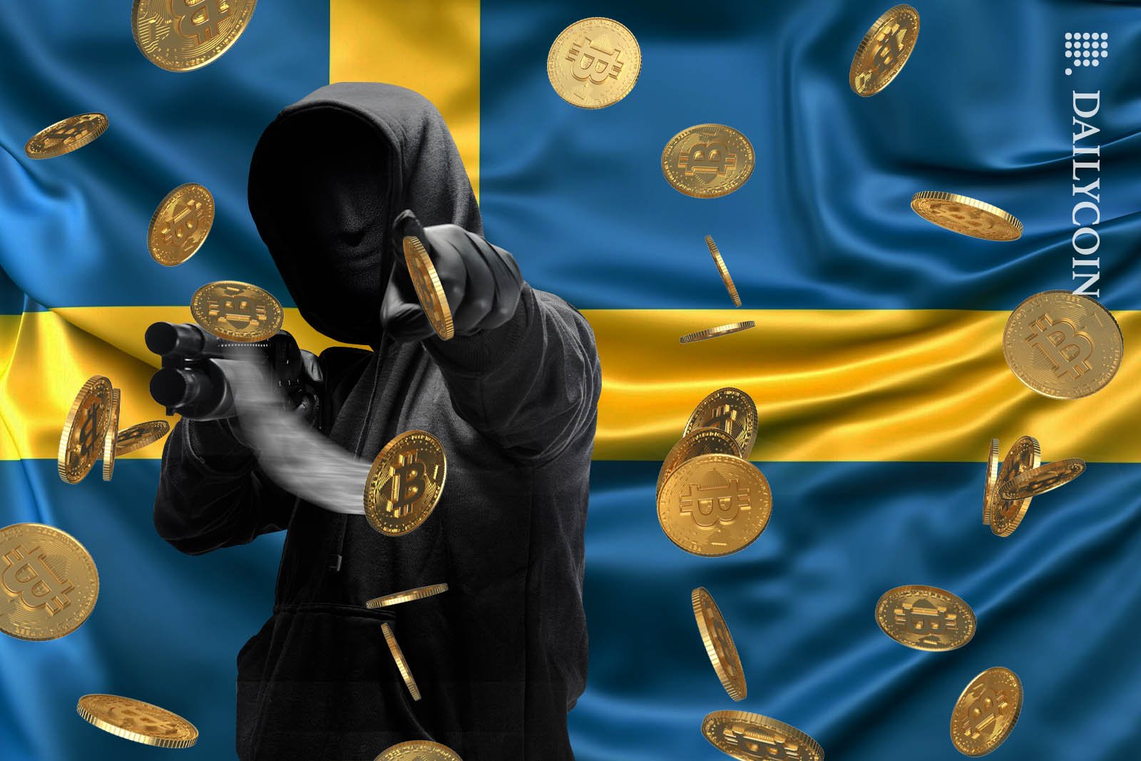 Robber with a shotgun surrounded by falling Bitcoins, in front of a Swedish flag.