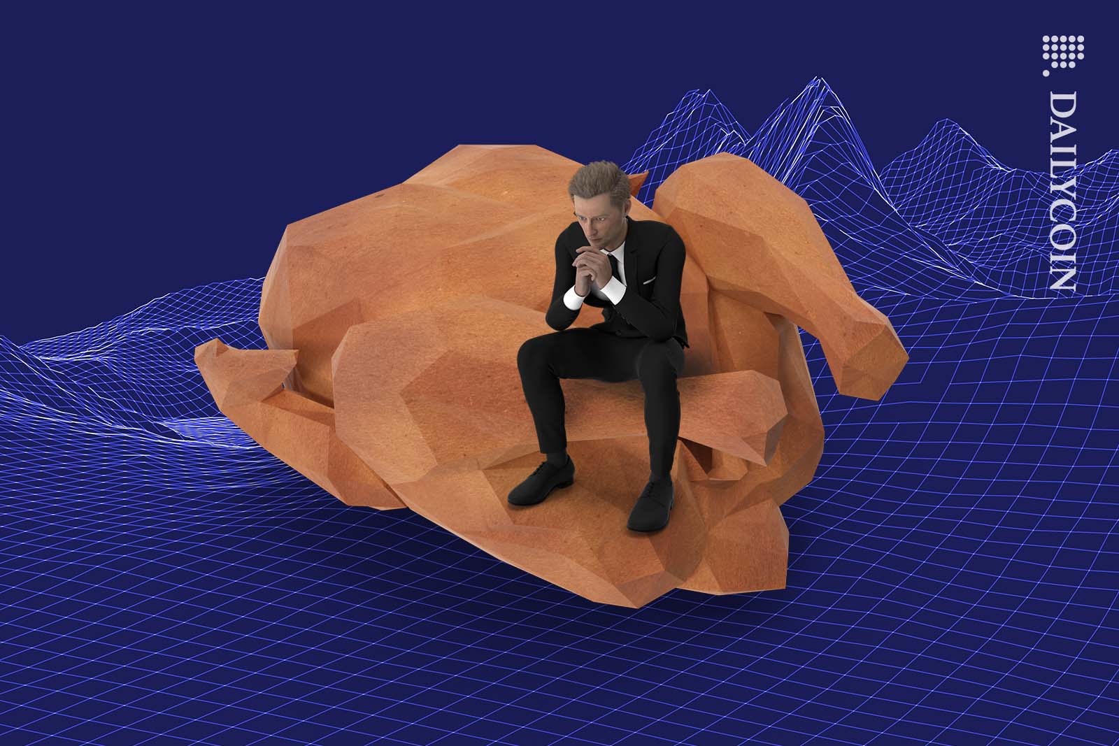Man in suit thinking hard whilst sitting on a low poly turkey in wireframe landscape.