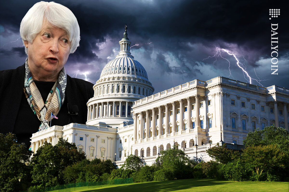 Janet Yellen behind the White House with dark and stormy sky in the background.
