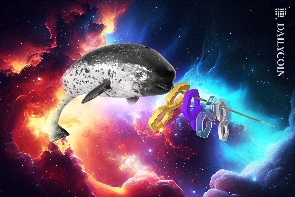 A narwhal in space with Polygon logos skewerd on its task.