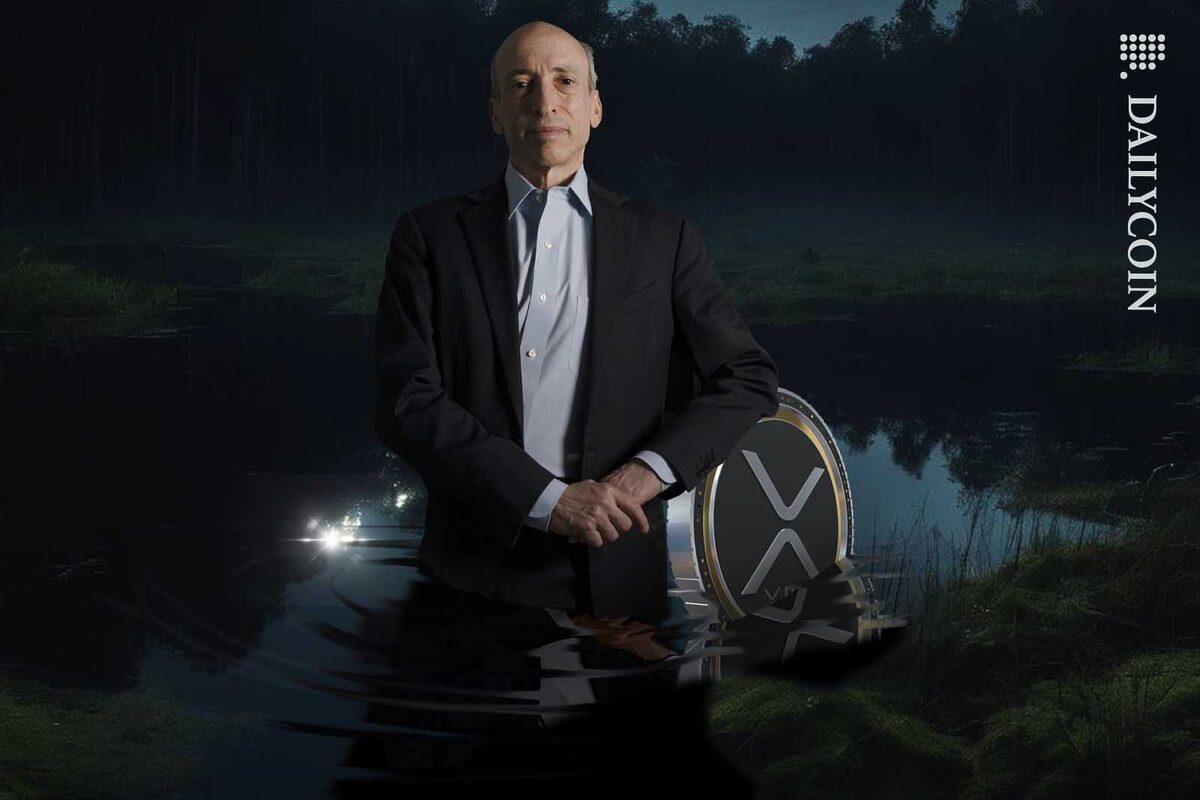 Gary Gensler standing in a dark swamp resting his elbow on an XRP coin.