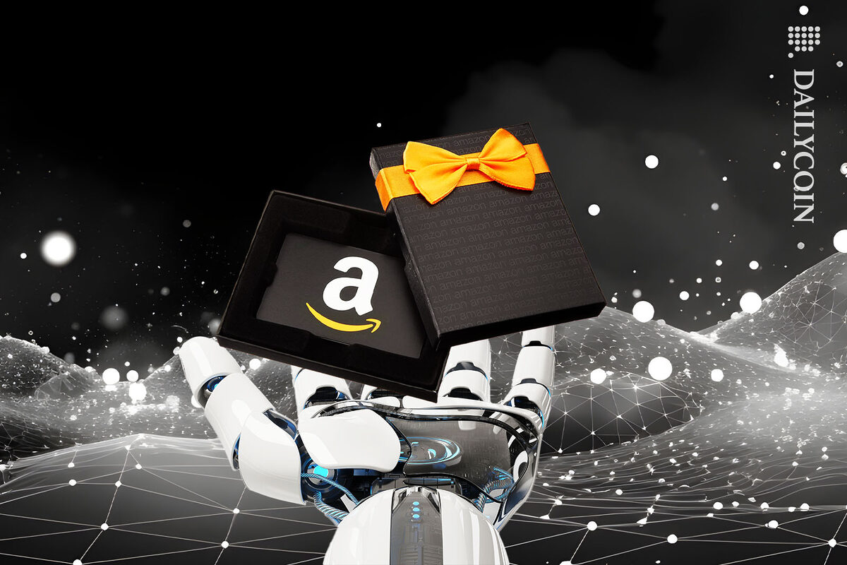 Robot received an Amazon gift card in digital black and white land.