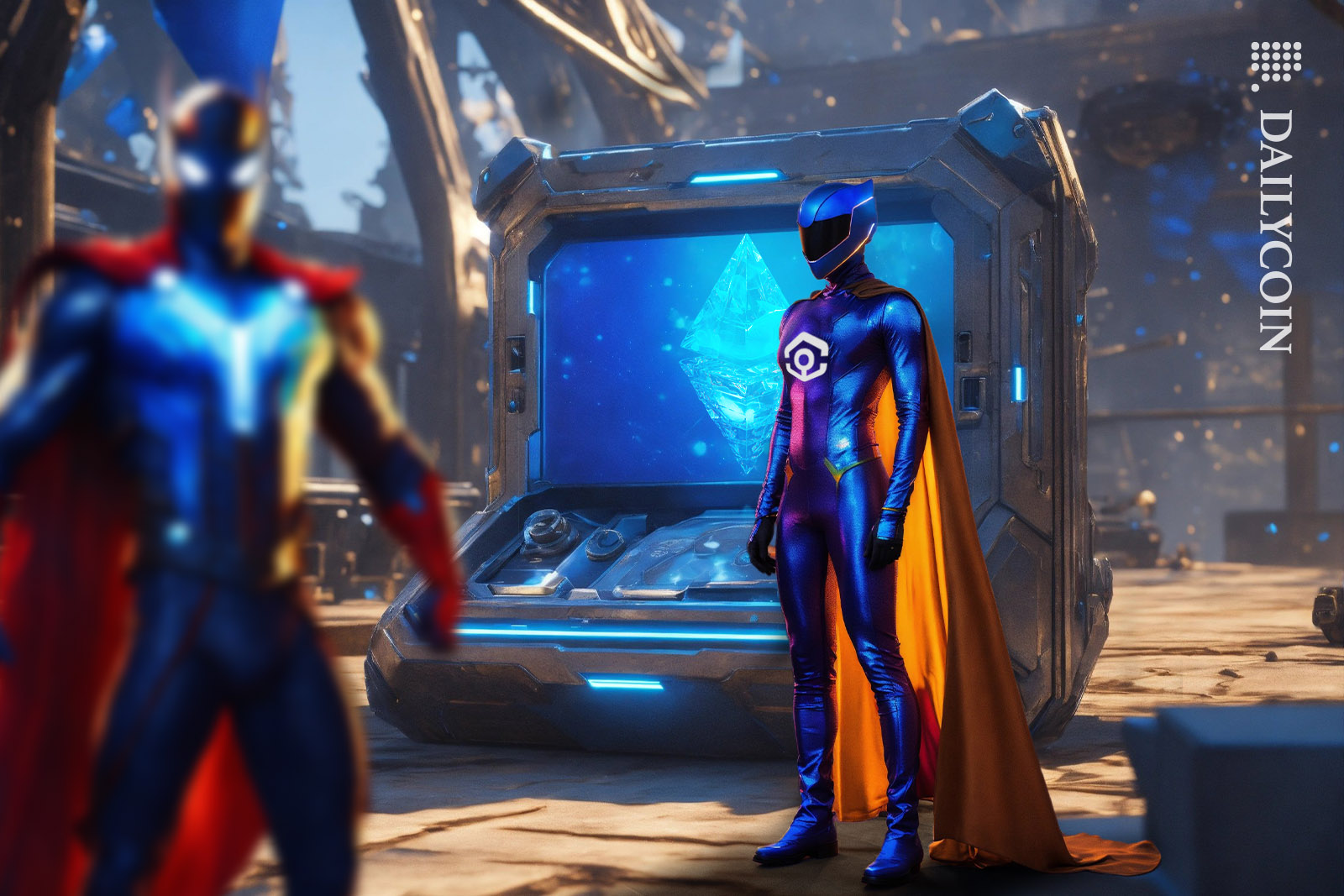 Two superhero's working on the Ethereum machine.