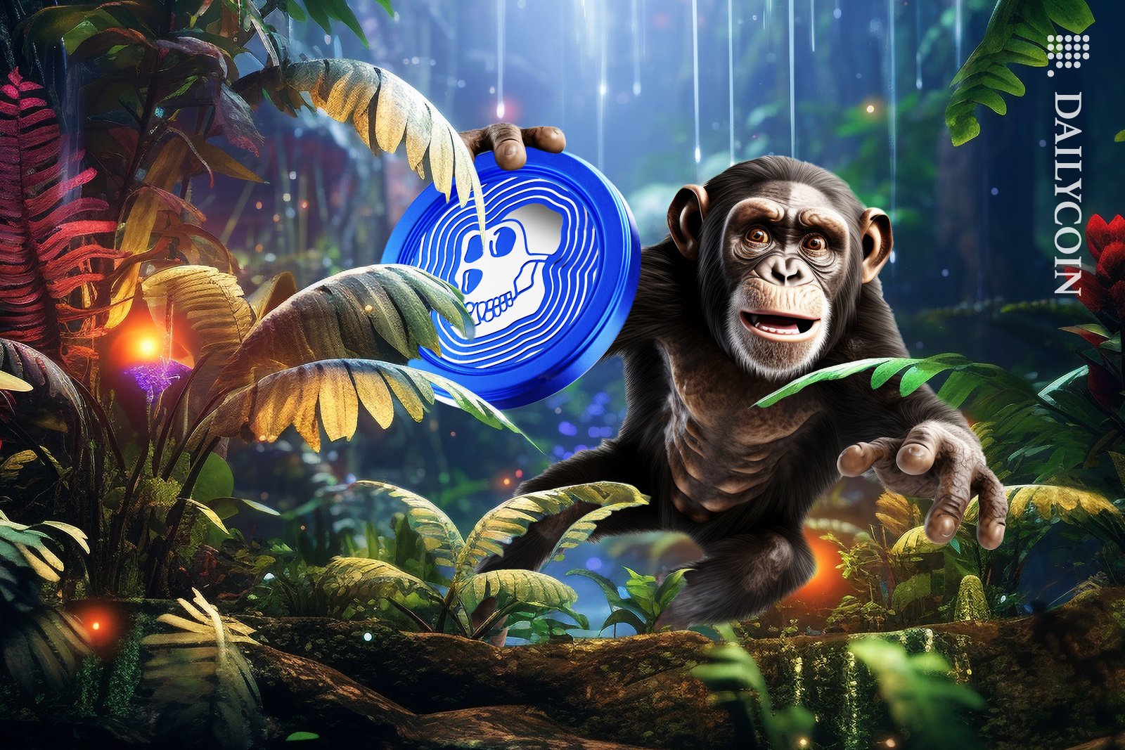 Ape with an APECOIN in hand jumping through the magic jungle.