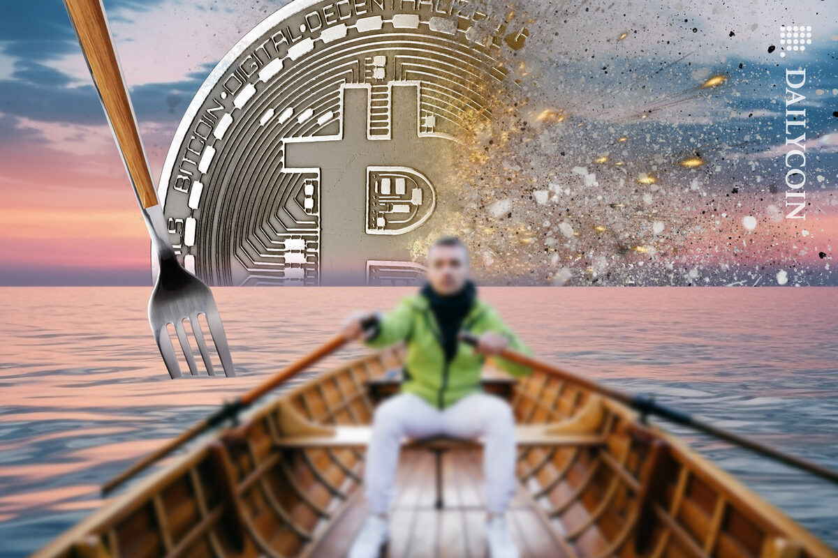 Guy rowing away from the exploring Bitcoin and a strange fork in the water.