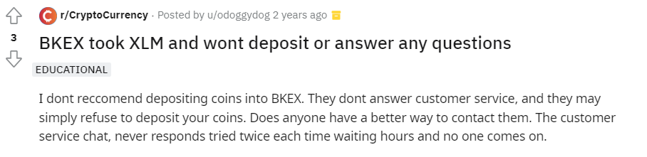 A customer complained about Bkex’s customer service chat being unresponsive in 2020.