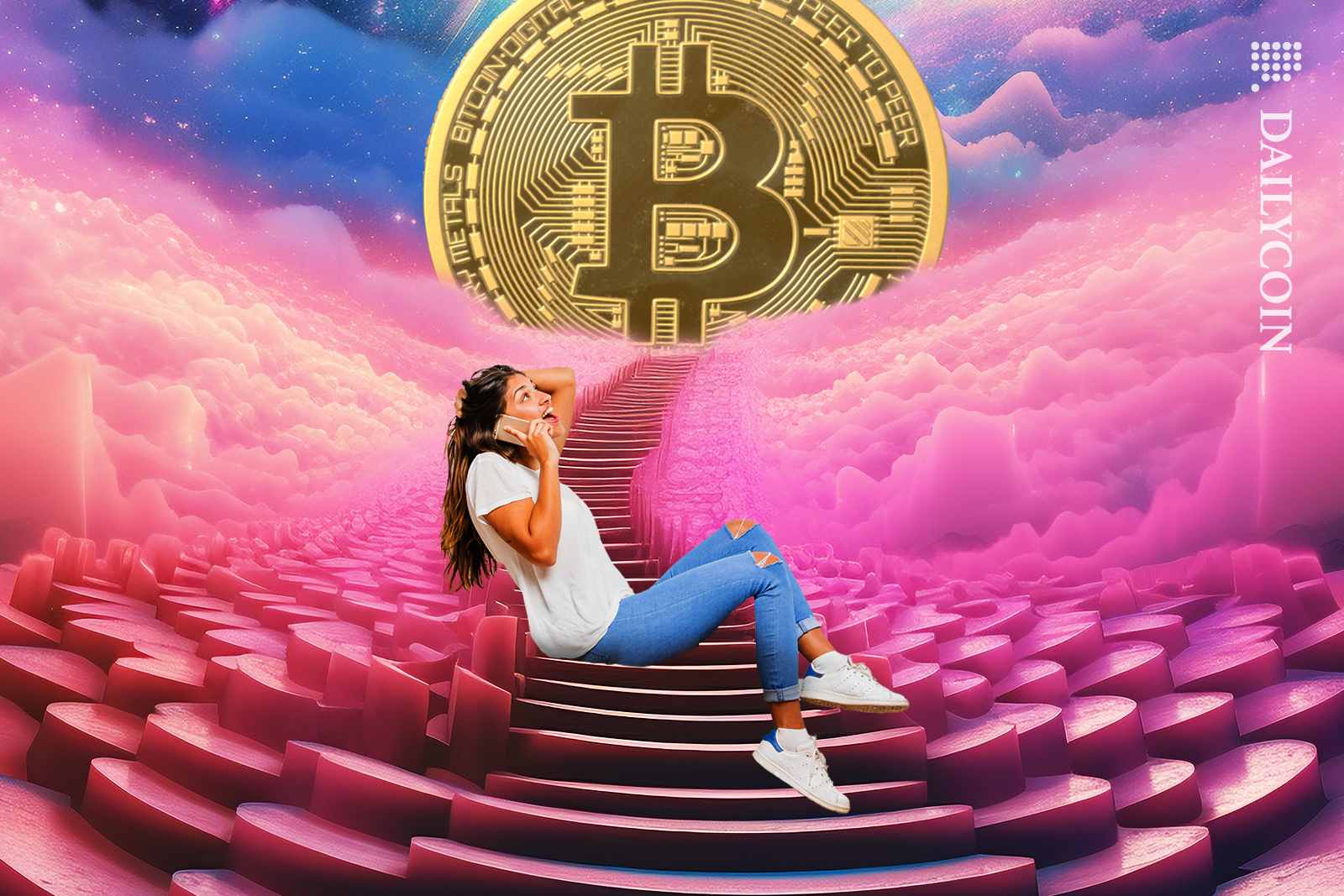 Girl on the phone cannot believe how far bitcoin has come.