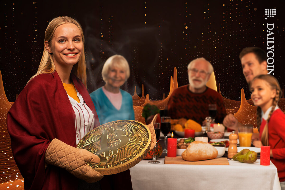 Lady about to serve up a freshly baked Bitcoin at the dinner table.