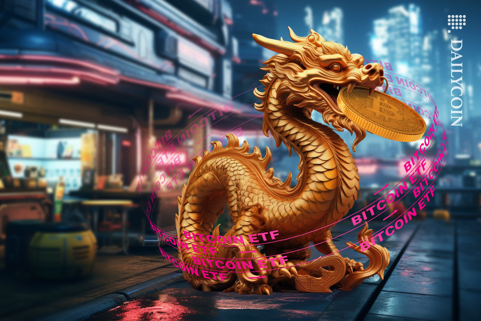 Chinese dragon with a Bitcoin in his mouth, turning it into an ETF, on the high street of Hong Kong.
