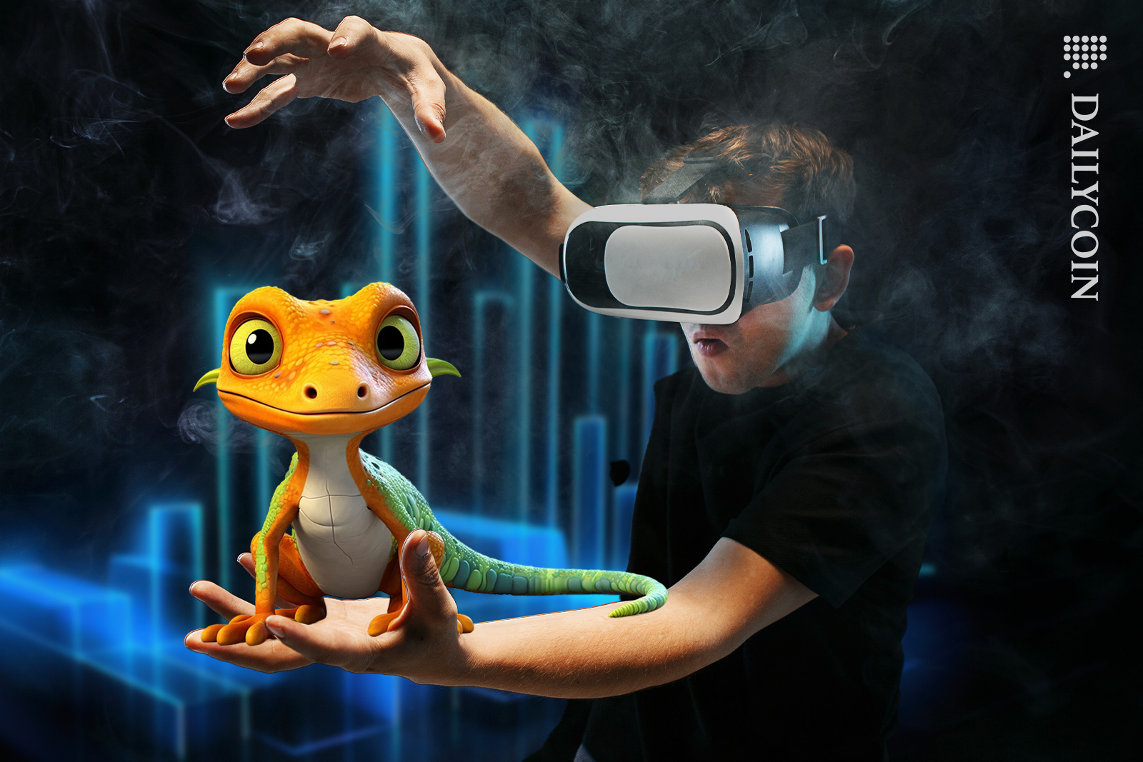Guy with VR glasses seeing a gecko appear on his arm showing him the report.