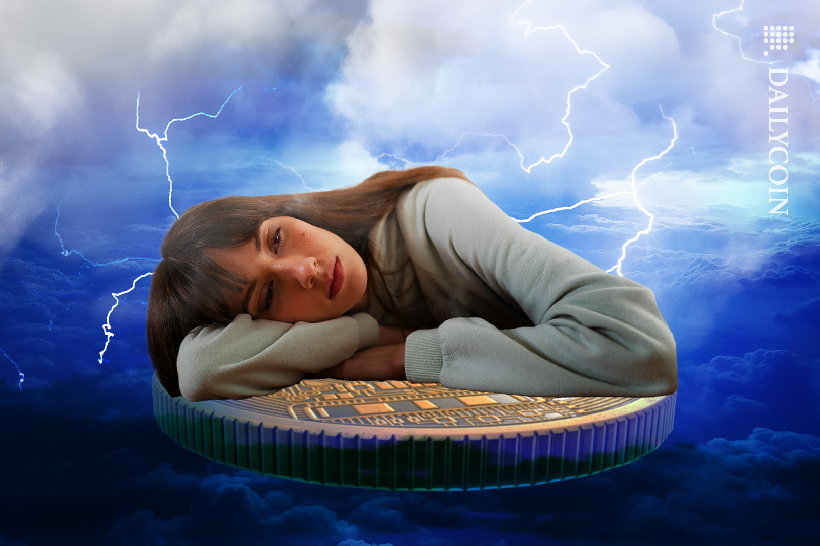 Girl in the cloudy storm laying on a coin sad.