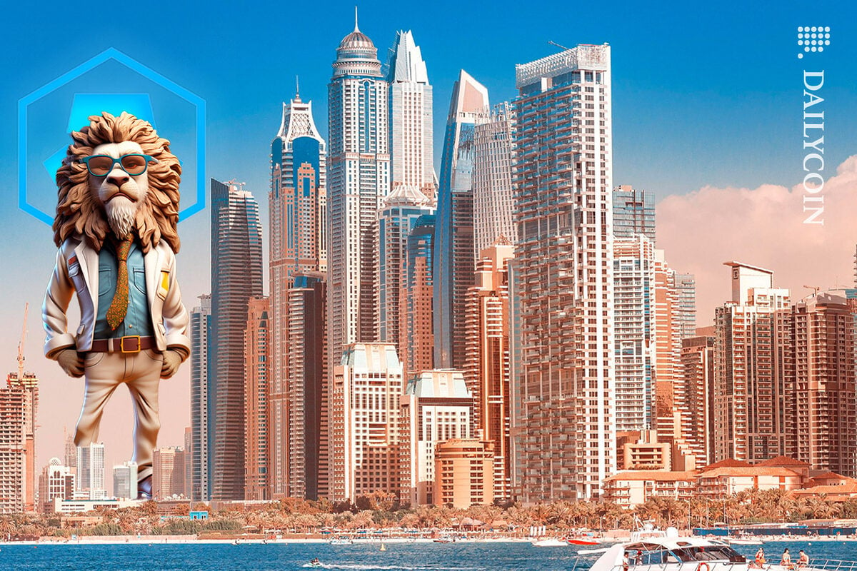 Cypto.com mascot lion confident in sunny Dubai.