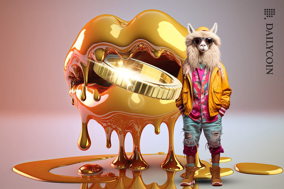 DefiLlama looking cool next to a melting mouth holding a golden coin.