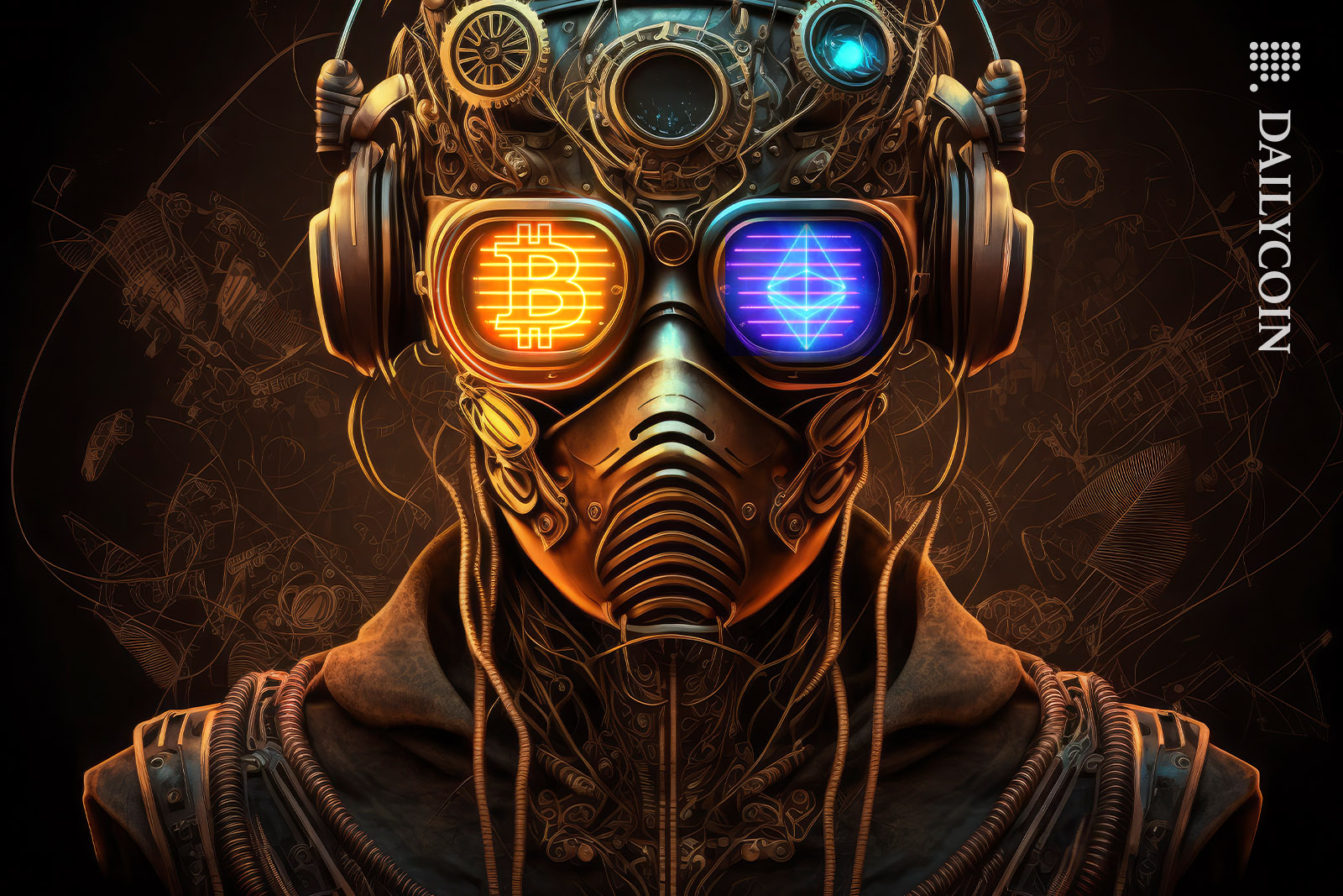 Futuristic steam punk gas mask with glasses one eye is ETH and BTC.