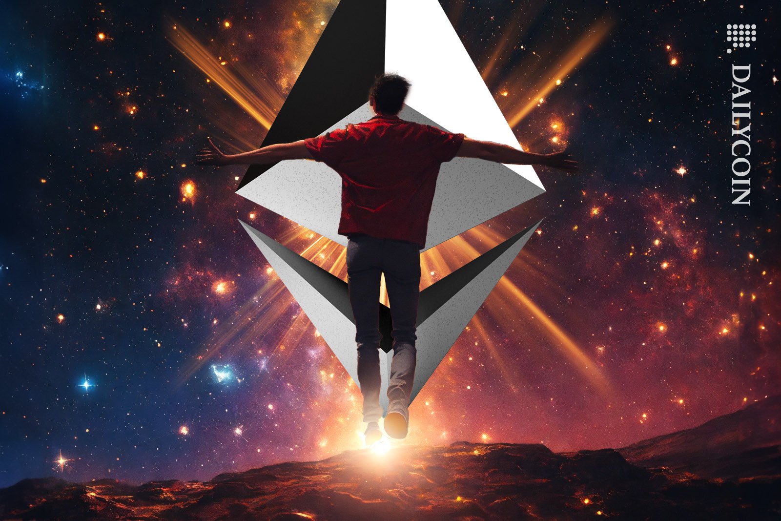 Man on top of the world in space celebrating Ethereum.