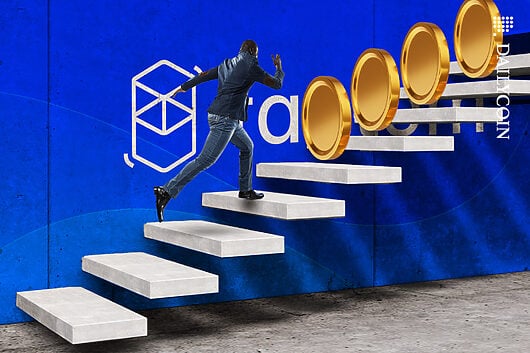 Man running up the Fantom stair and at every step there is a coin.