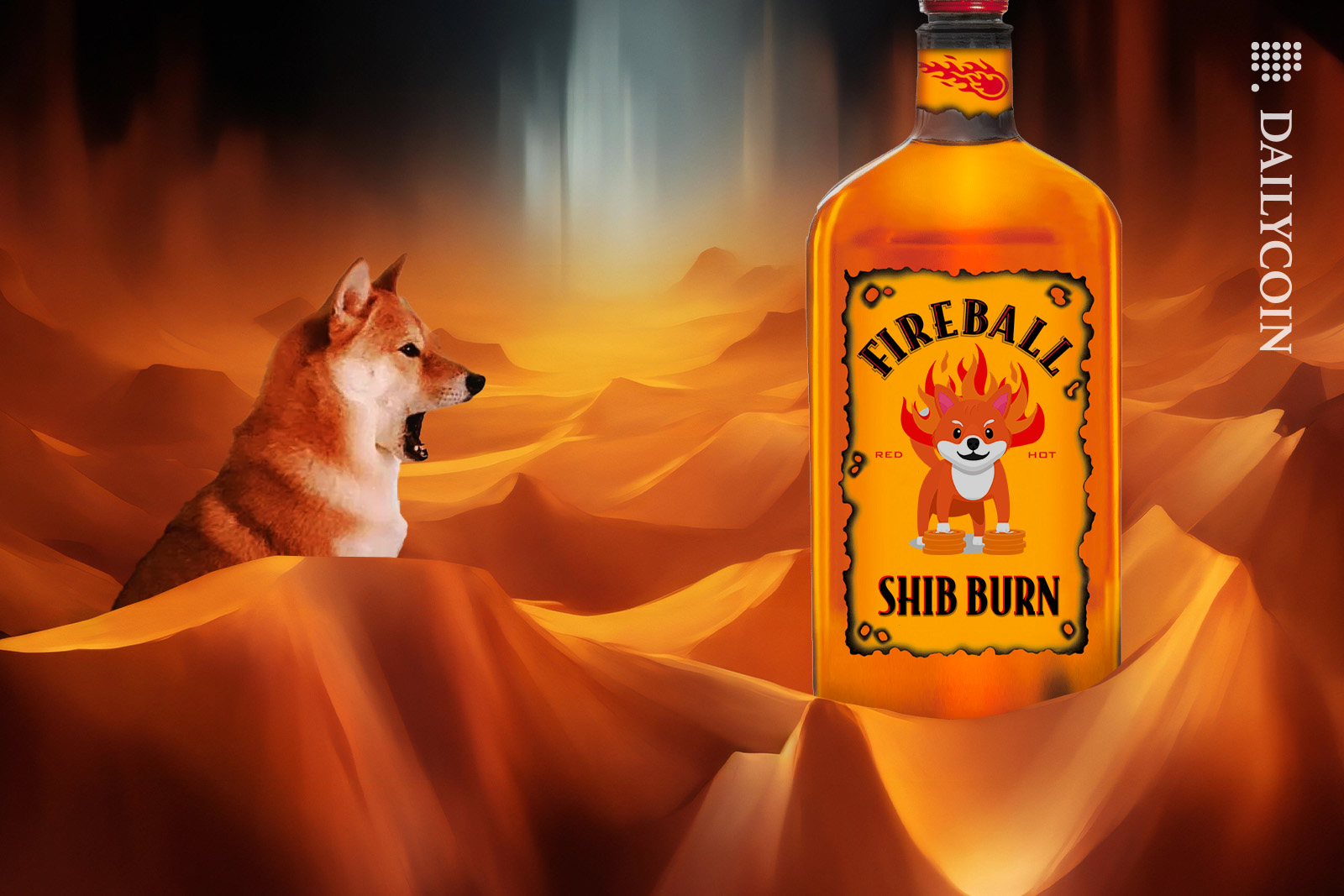Shiba inu is shocked to see shib burn bottle on his land.