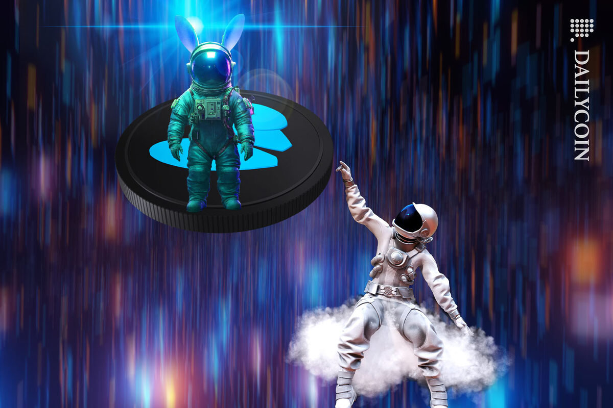 Friends tech bunny is sky rocketing into space a spaceman below on a cloud is trying to touch the coin.