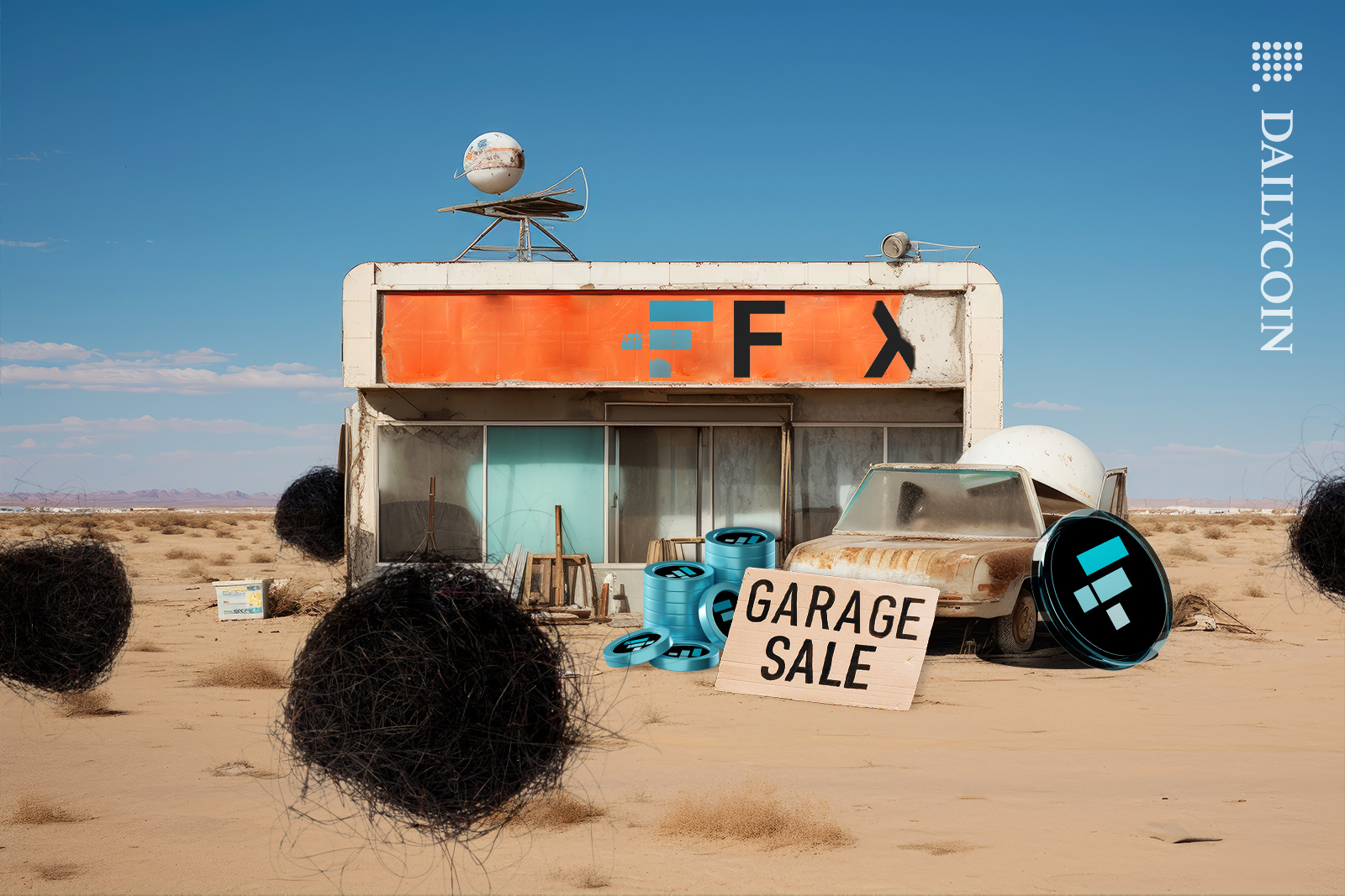 FTX garage sale in the middle of the desert with SBF's hair rolling in the sand like tumbleweed.