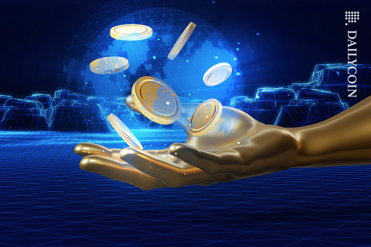 A golden hand holding a digital globe with crypto coins inside.