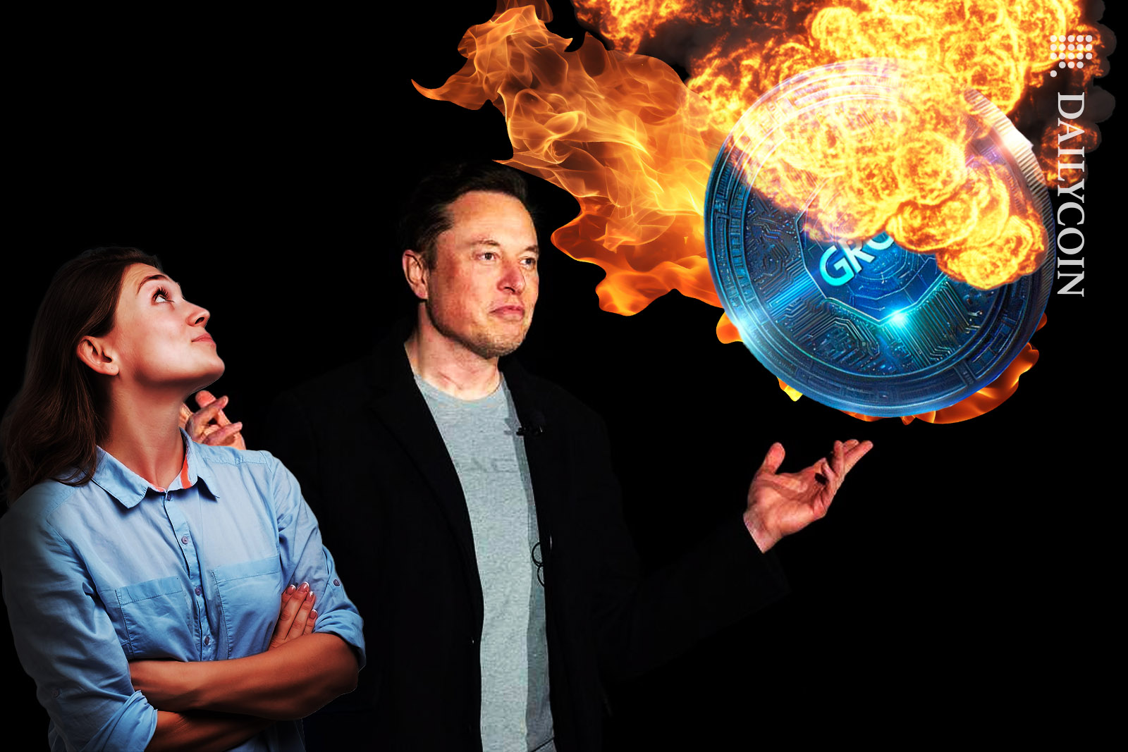 Grok coin up in flames, Elon Musk shrugs like he has no part in it. Woman looking up skeptical.