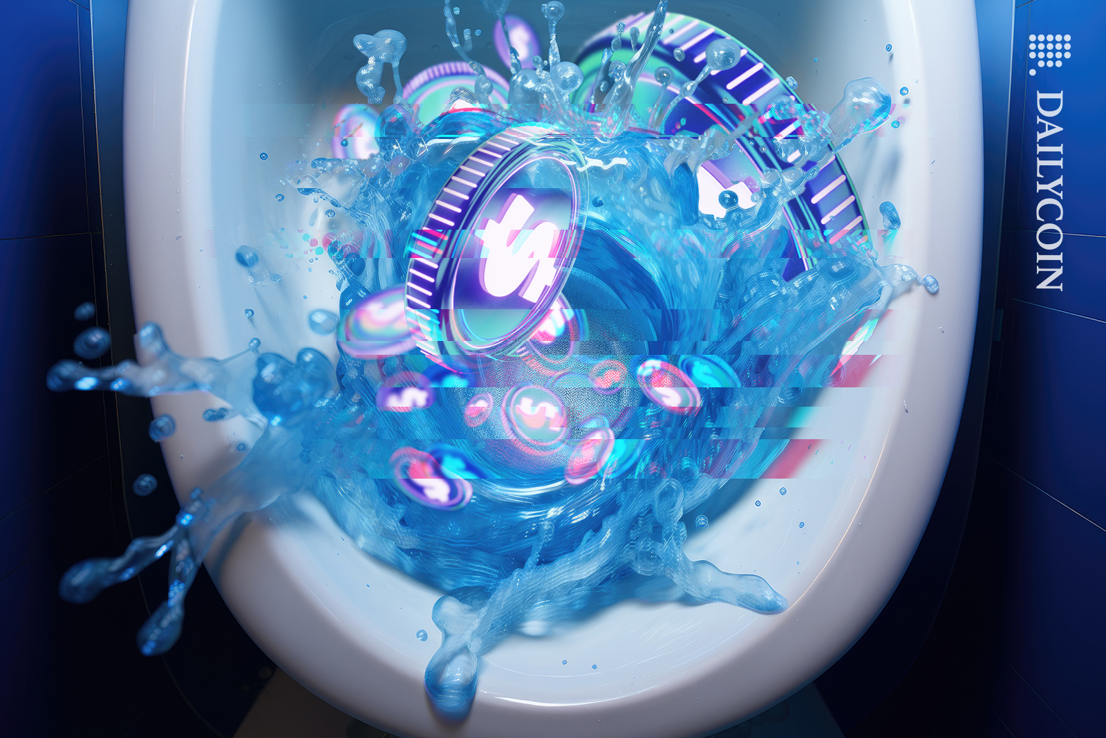 Digital Coins flushing down the toilet.
