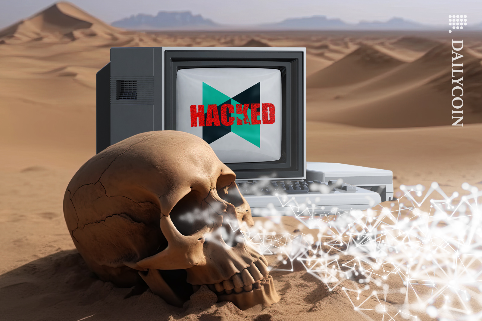 Skull laying in the middle of the dessert next to a hacked computer.