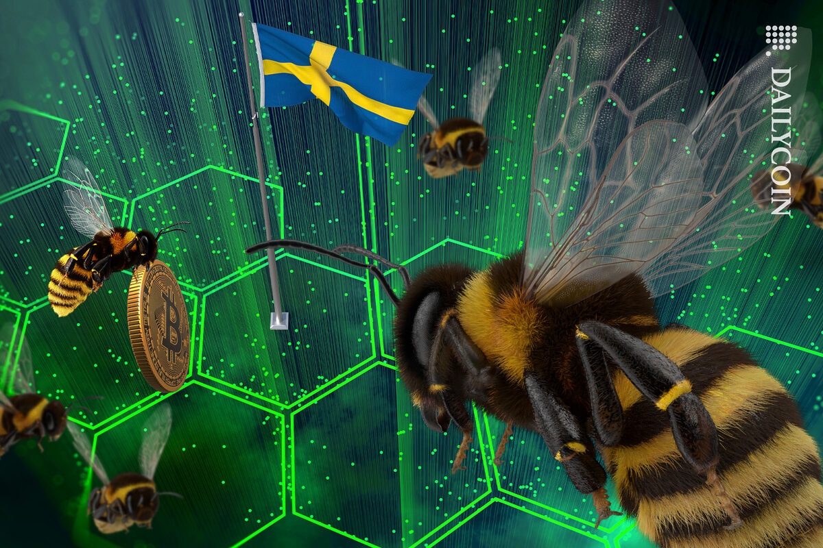 Digital bee hive with Swedish flag in one core. and bees working on bringing bitcoins to the hive.
