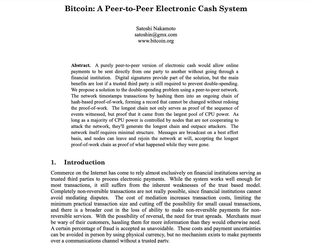 A document extract highlighting the first page of the Bitcoin whitepaper. 