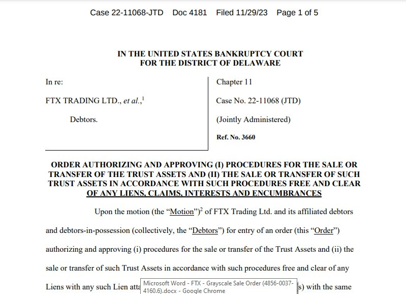 An excerpt of the court order permitting FTX to sell its stake in crypto trusts.
