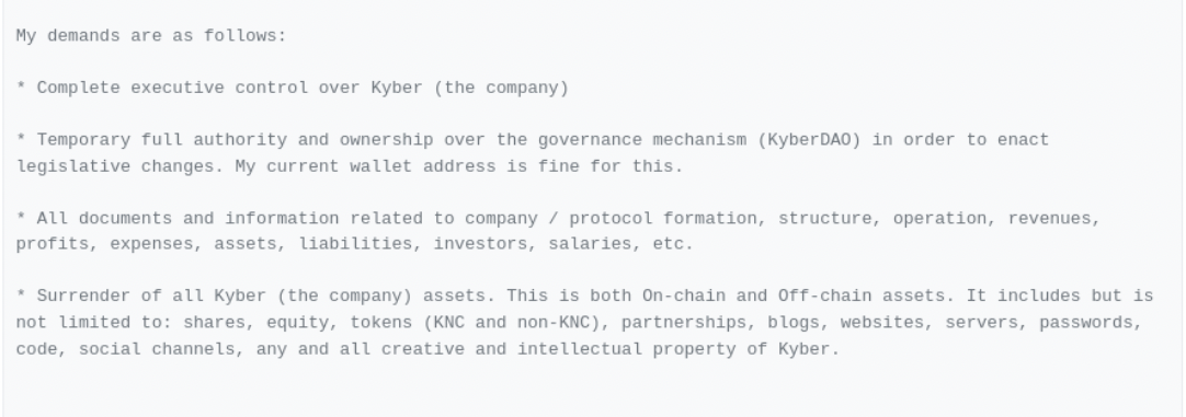 An extract from the KyberSwap hacker's list of demands. 