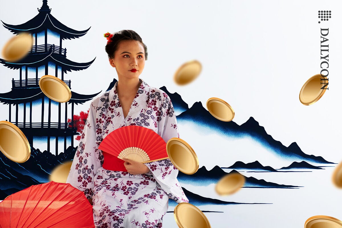 Digital coins falling in Japan surrounding a girl standing in traditional clothing.
