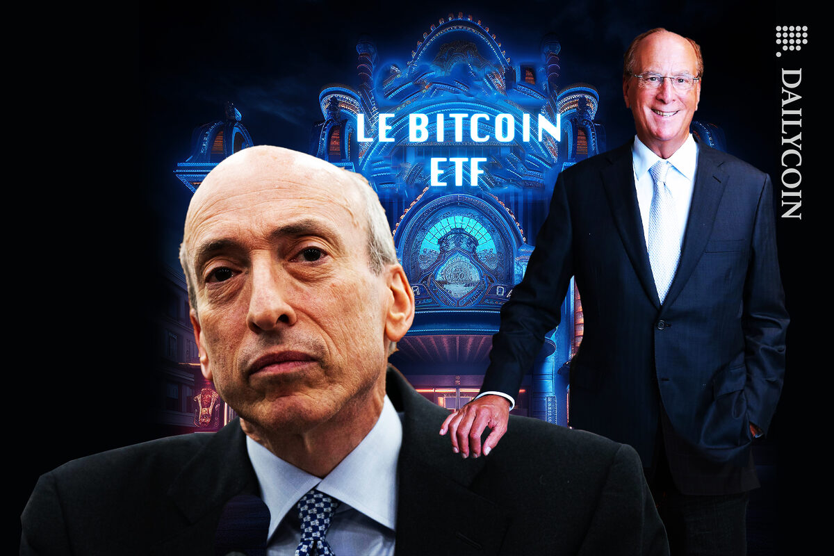 Larry Fink presenting Gary Gensler a vision of a place called "LE Bitcoin ETF"