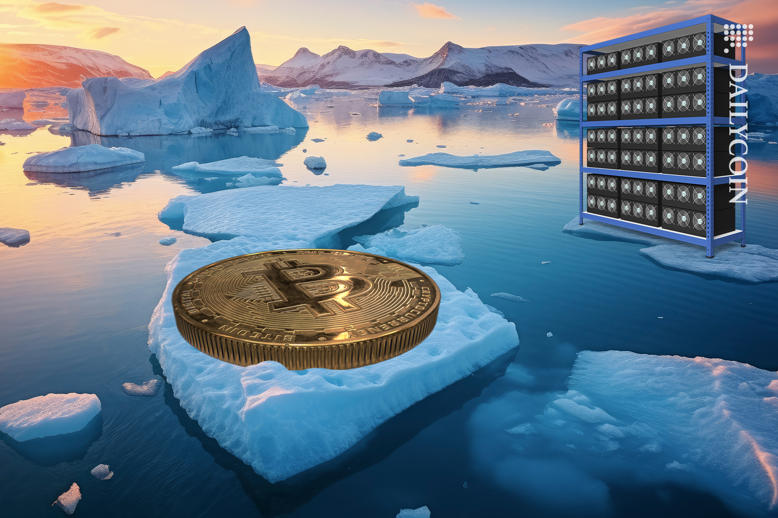 A Bitcoin floating on ice and a mining rig set on another ice block.