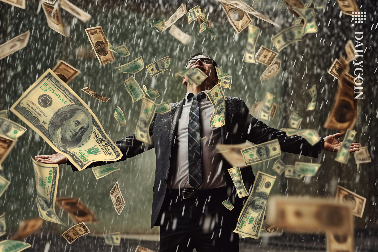 Businessman enjoying the money rain.
