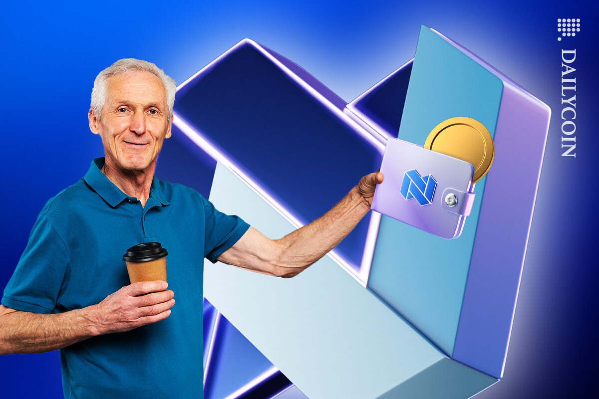 Older man holding a Nexo wallet.