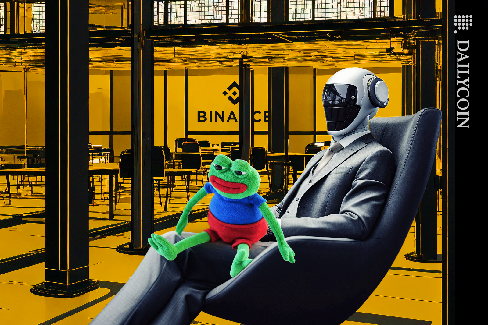 PEPE sitting at Binance office with his developer smilling.