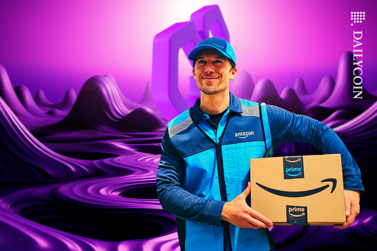 Amazon delivery man showing up on an empty polygon MATIC land with a box.