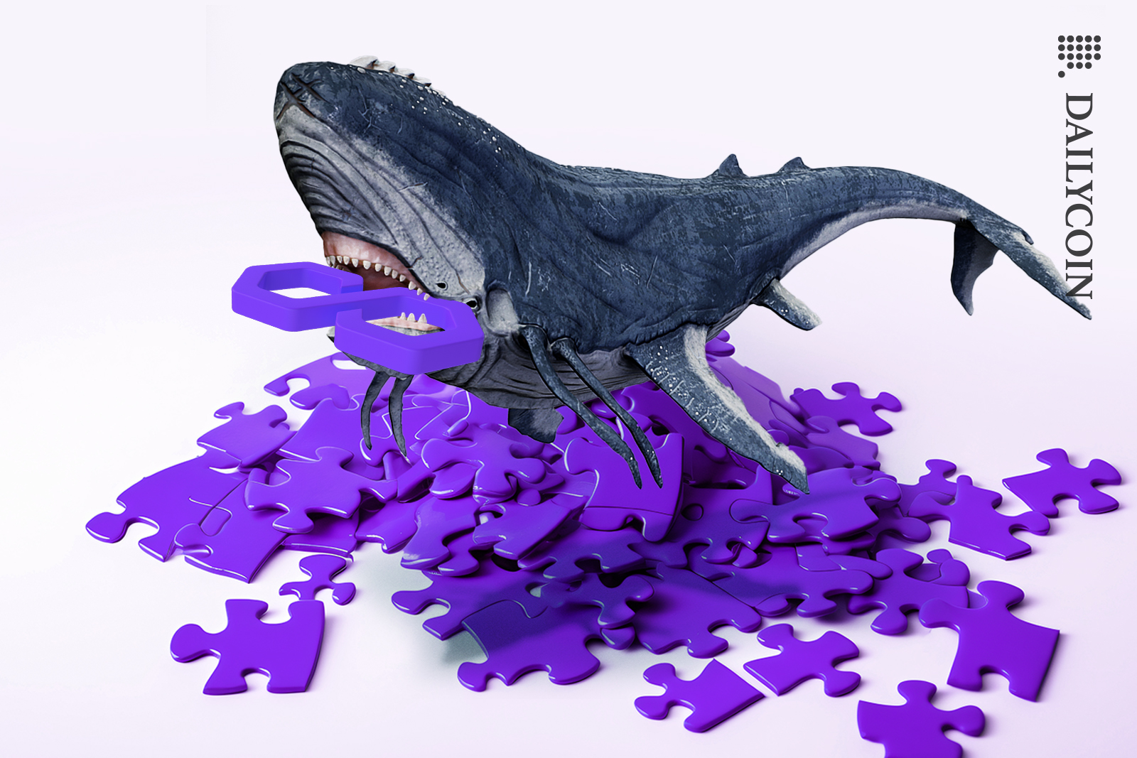 Whale with a Polygon Matic in his teeth and polygon puzzle pieces scattered everywhere.