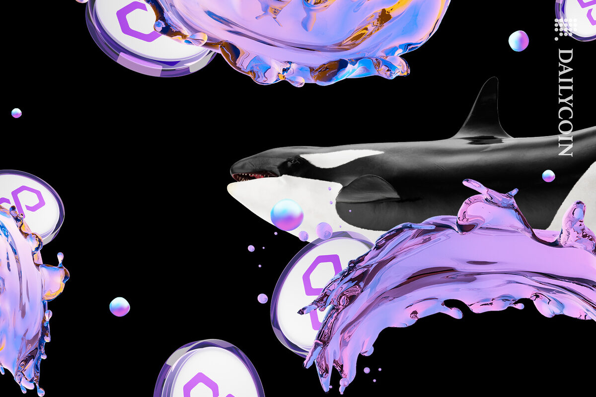 Whale swimming through digital waves and polygon MATIC coins.