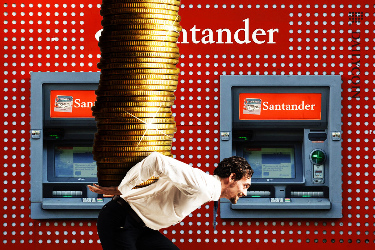 Man carrying his crypto coins to the Santander Bank.